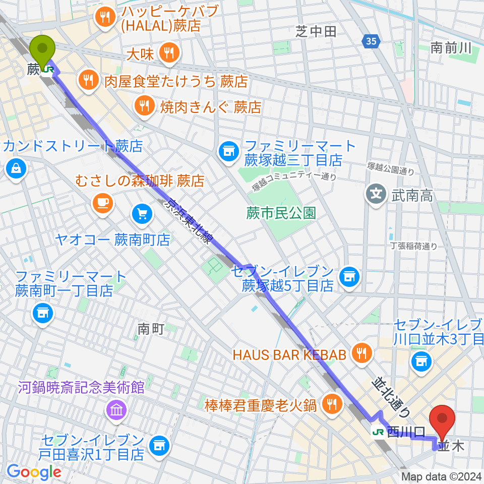 蕨駅から柏屋楽器 西川口ミュージックサロンへのルートマップ地図