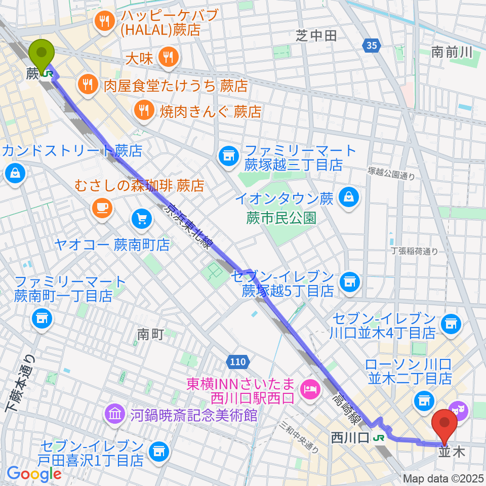 蕨駅から柏屋楽器 西川口ミュージックサロンへのルートマップ地図