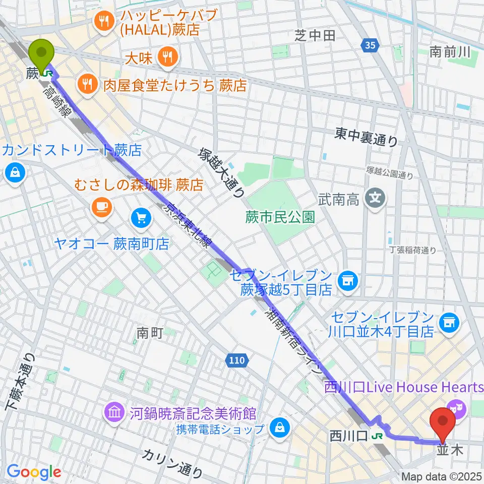 蕨駅から柏屋楽器 西川口ミュージックサロンへのルートマップ地図