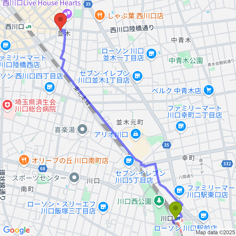 川口駅から柏屋楽器 西川口ミュージックサロンへのルートマップ地図