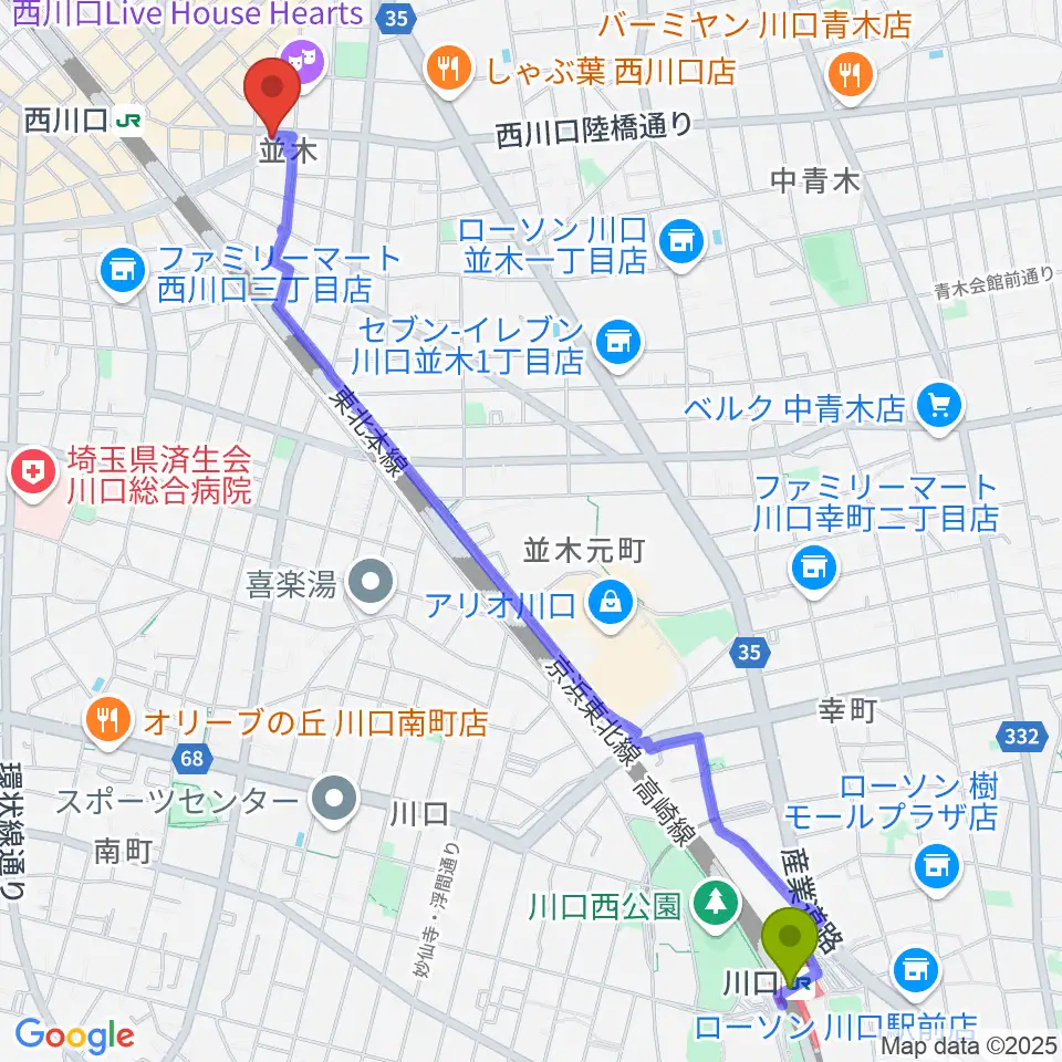 川口駅から柏屋楽器 西川口ミュージックサロンへのルートマップ地図