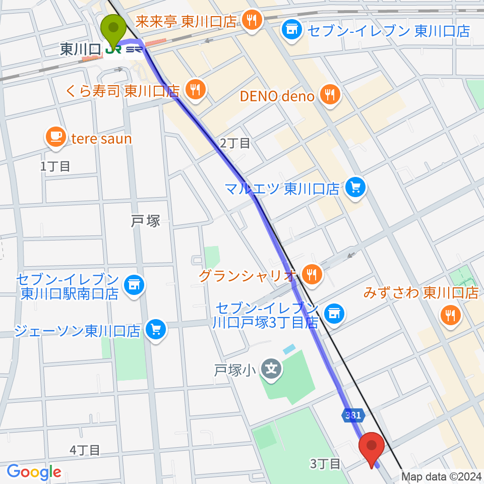 柏屋楽器 ミュージックサロン東川口の最寄駅東川口駅からの徒歩ルート（約16分）地図