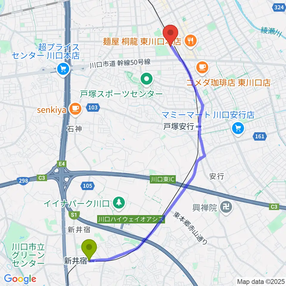 新井宿駅から柏屋楽器 ミュージックサロン東川口へのルートマップ地図