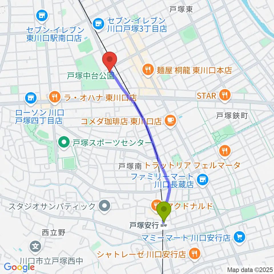 戸塚安行駅から柏屋楽器 ミュージックサロン東川口へのルートマップ地図