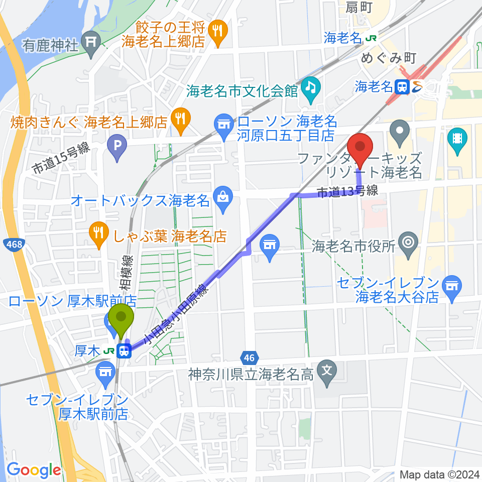 厚木駅からソルミュージックスクールへのルートマップ地図