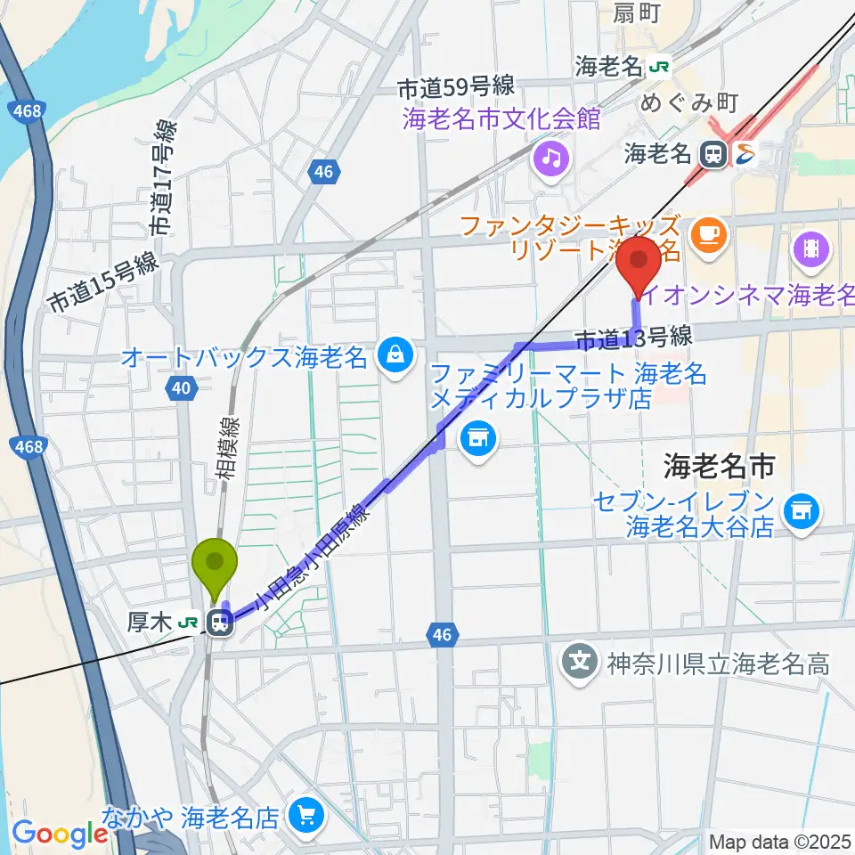 厚木駅からソルミュージックスクールへのルートマップ地図