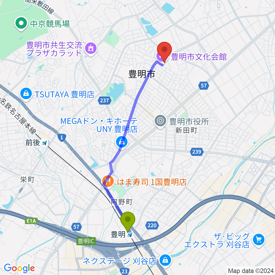 豊明駅から豊明市文化会館へのルートマップ地図