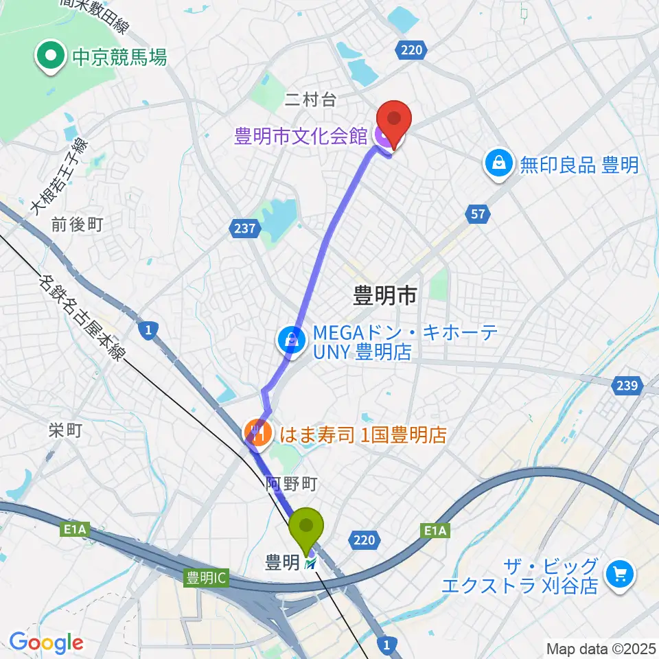 豊明駅から豊明市文化会館へのルートマップ地図