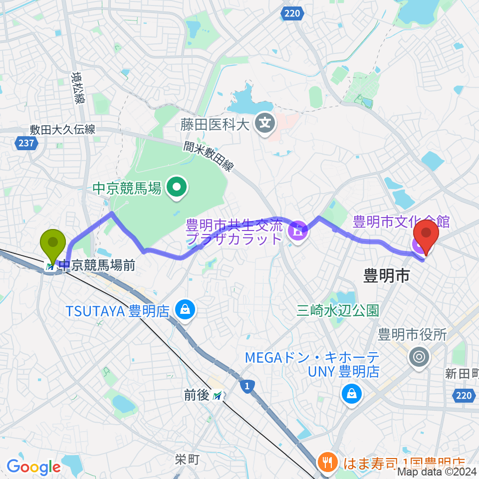 中京競馬場前駅から豊明市文化会館へのルートマップ地図