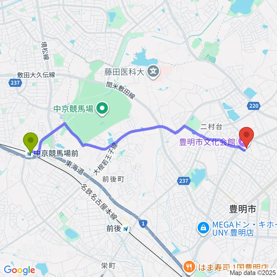 中京競馬場前駅から豊明市文化会館へのルートマップ地図
