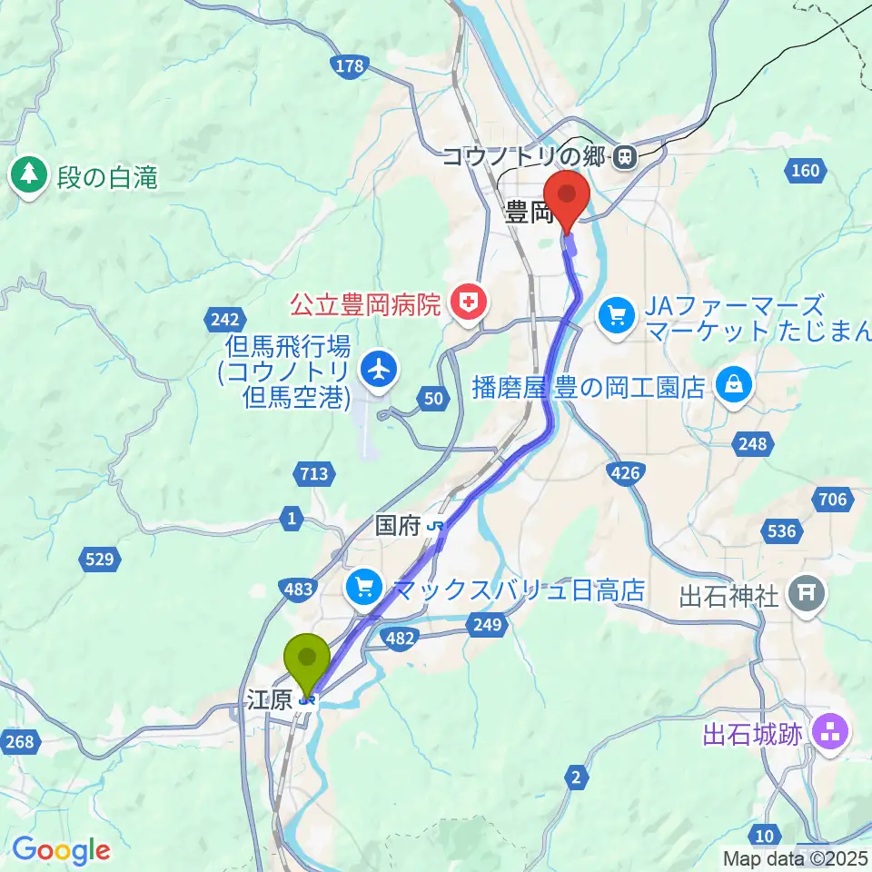 江原駅から豊岡市民会館へのルートマップ地図