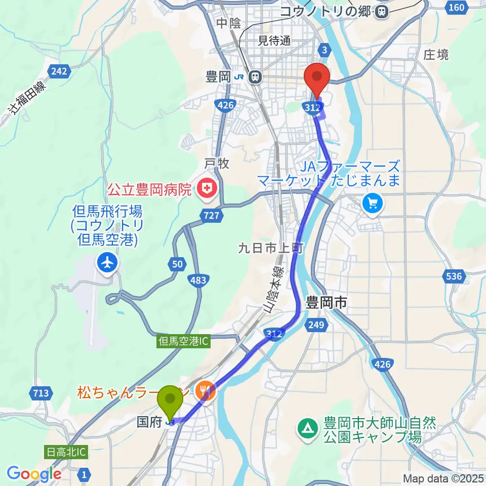 国府駅から豊岡市民会館へのルートマップ地図