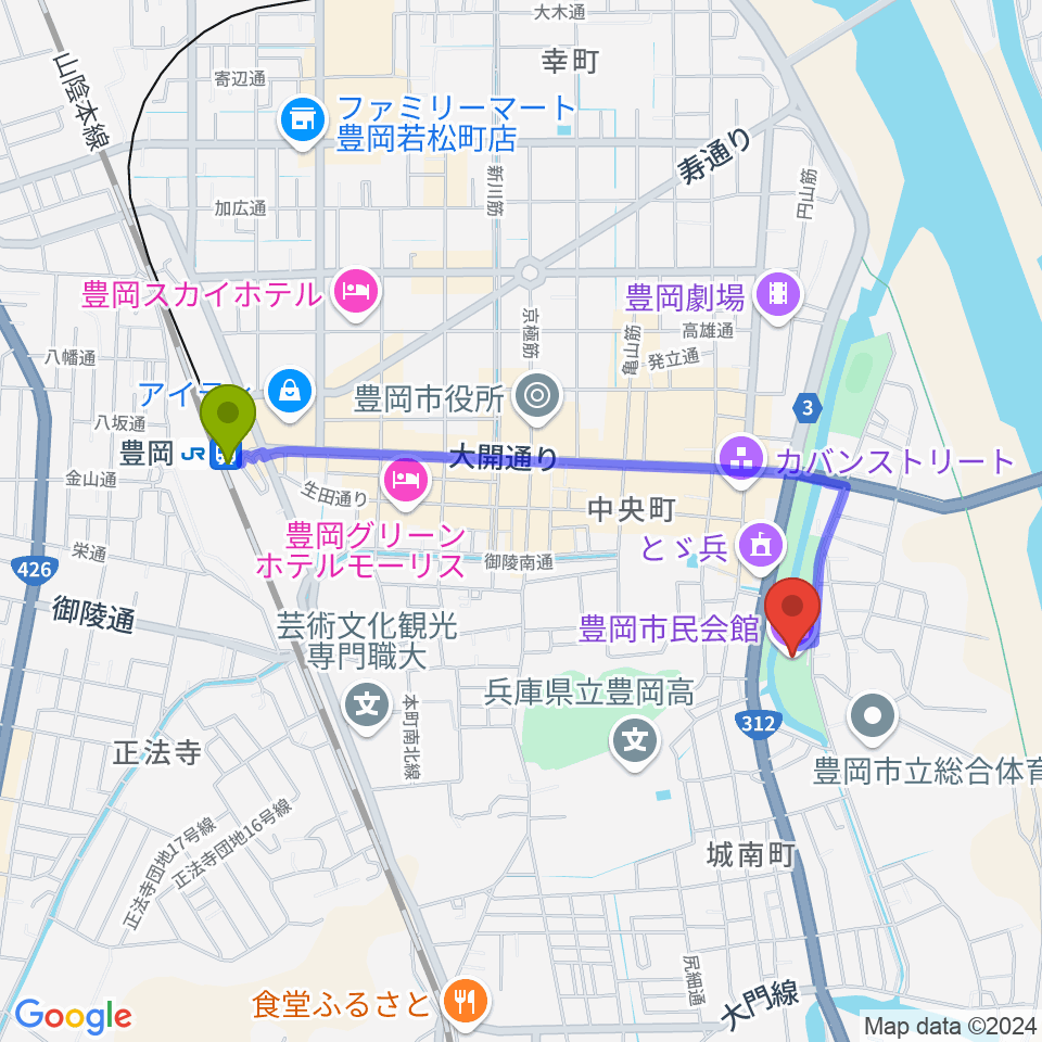 豊岡市民会館の最寄駅豊岡駅からの徒歩ルート（約18分）地図