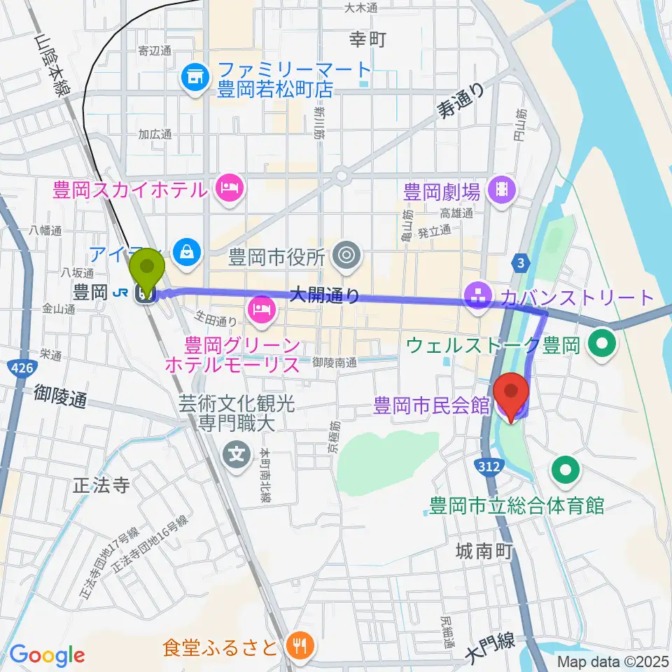 豊岡市民会館の最寄駅豊岡駅からの徒歩ルート（約18分）地図