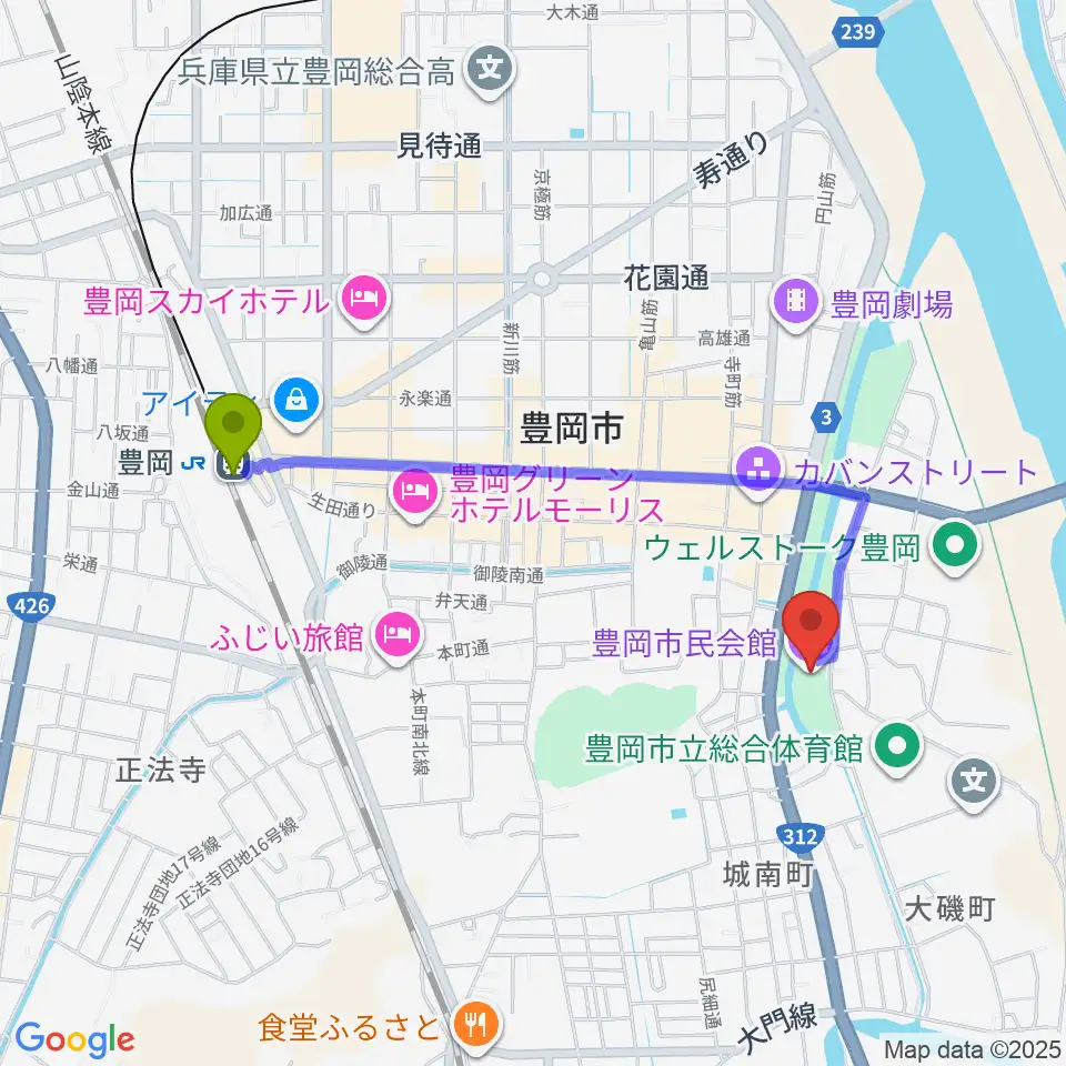 豊岡市民会館の最寄駅豊岡駅からの徒歩ルート（約18分）地図
