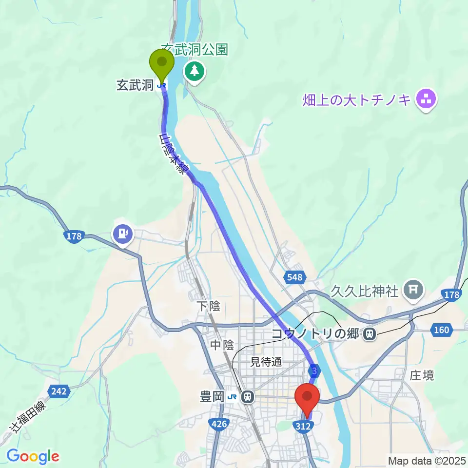 玄武洞駅から豊岡市民会館へのルートマップ地図