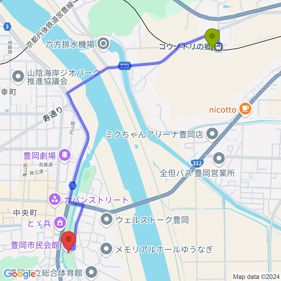 コウノトリの郷駅から豊岡市民会館へのルートマップ地図