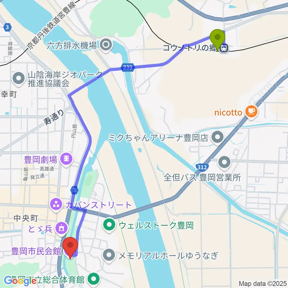 コウノトリの郷駅から豊岡市民会館へのルートマップ地図