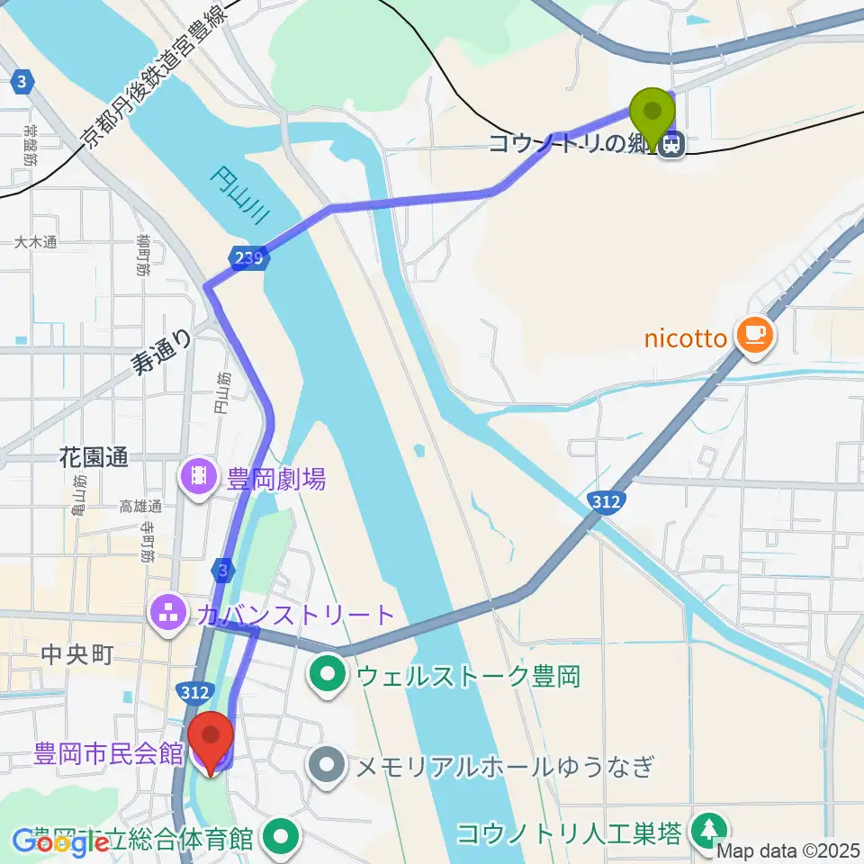 コウノトリの郷駅から豊岡市民会館へのルートマップ地図