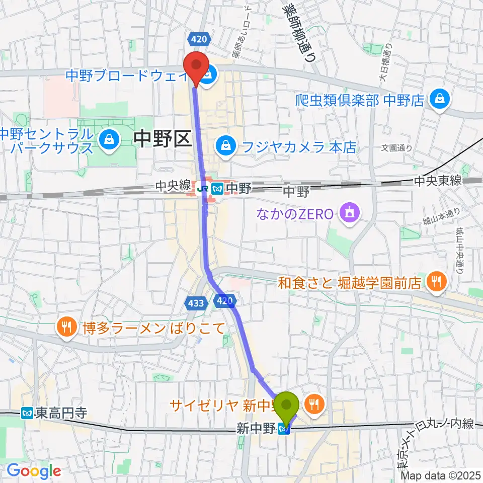 新中野駅からなかの芸能小劇場へのルートマップ地図
