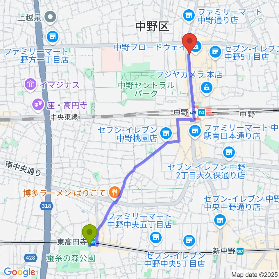 東高円寺駅からなかの芸能小劇場へのルートマップ地図
