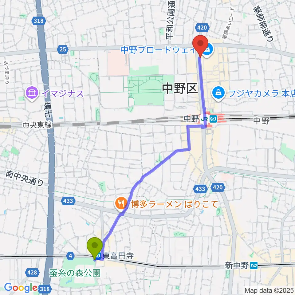 東高円寺駅からなかの芸能小劇場へのルートマップ地図