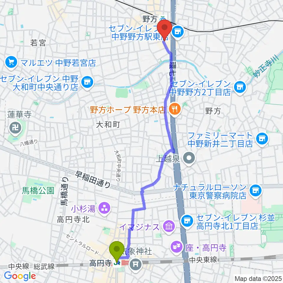 高円寺駅から野方区民ホールへのルートマップ地図