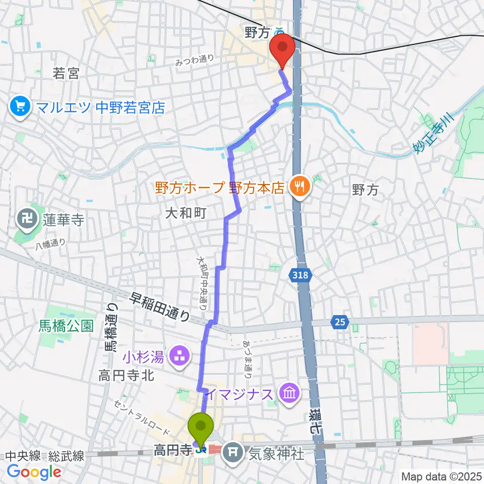 高円寺駅から野方区民ホールへのルートマップ地図