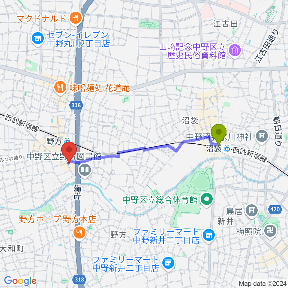 沼袋駅から野方区民ホールへのルートマップ地図