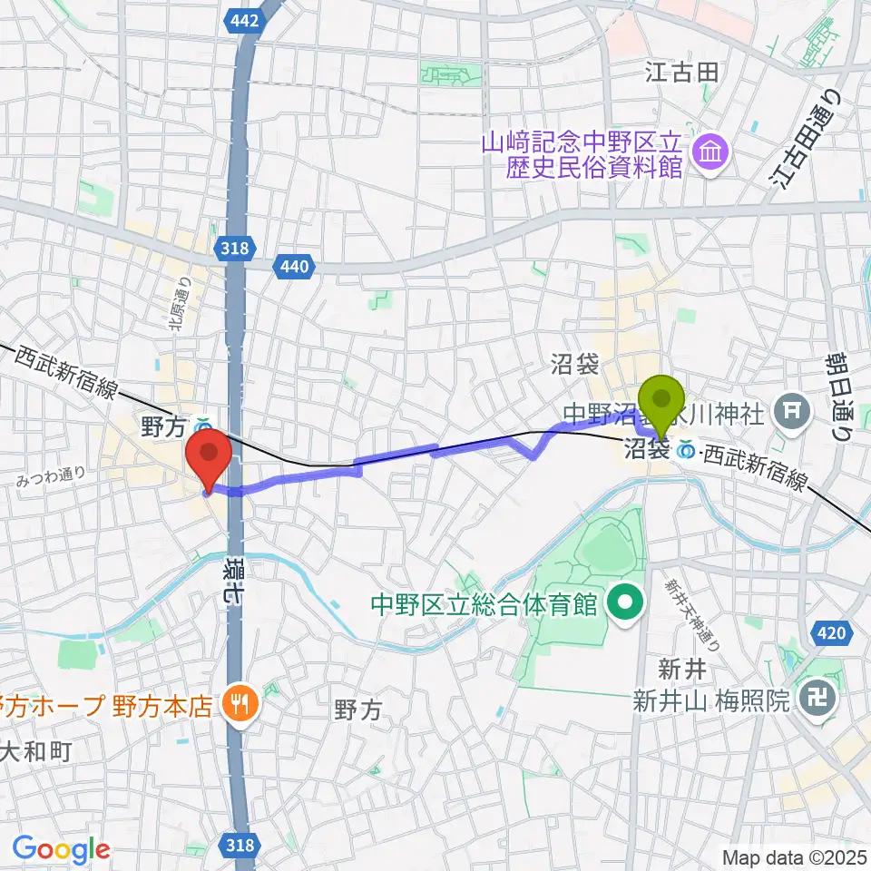 沼袋駅から野方区民ホールへのルートマップ地図