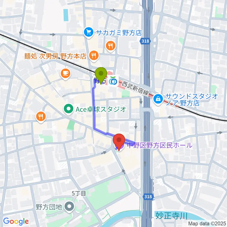 野方区民ホールの最寄駅野方駅からの徒歩ルート（約2分）地図