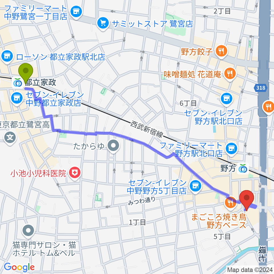 都立家政駅から野方区民ホールへのルートマップ地図