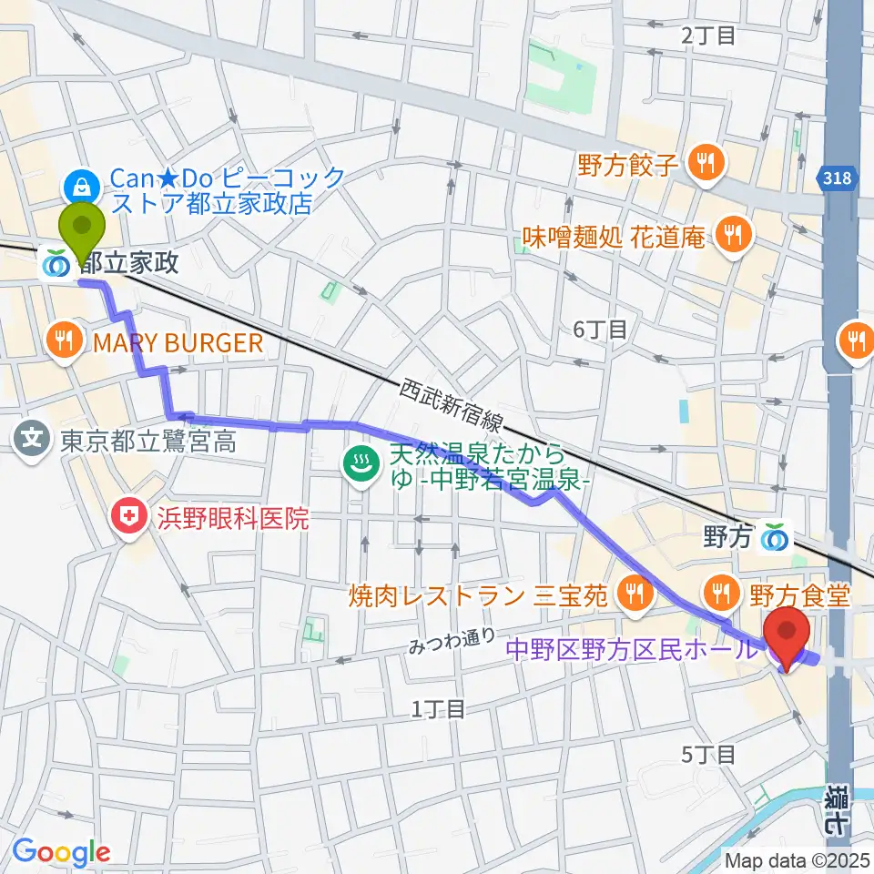 都立家政駅から野方区民ホールへのルートマップ地図