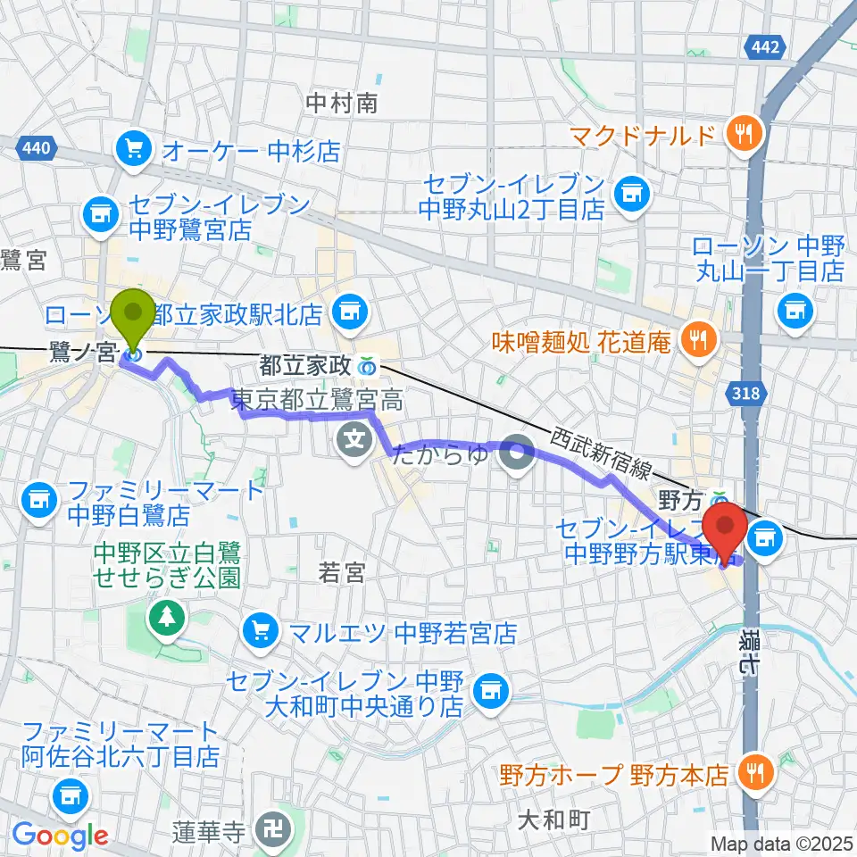 鷺ノ宮駅から野方区民ホールへのルートマップ地図
