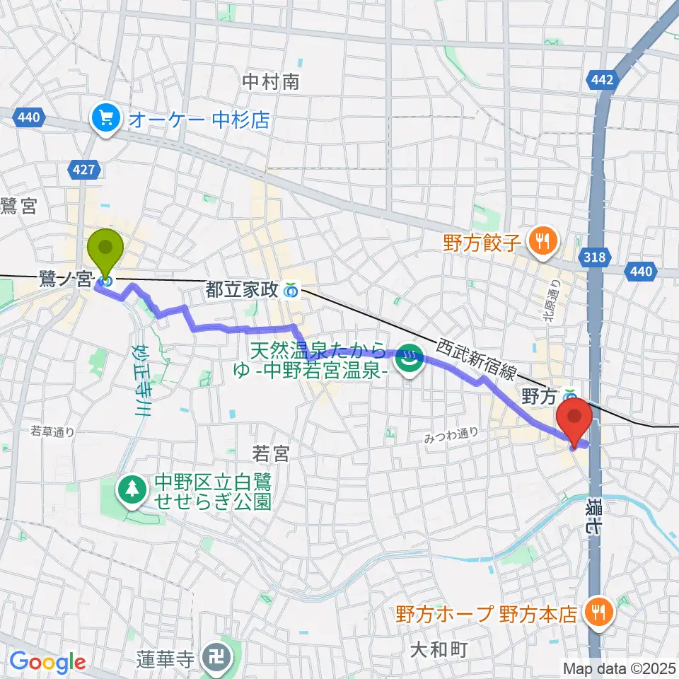 鷺ノ宮駅から野方区民ホールへのルートマップ地図