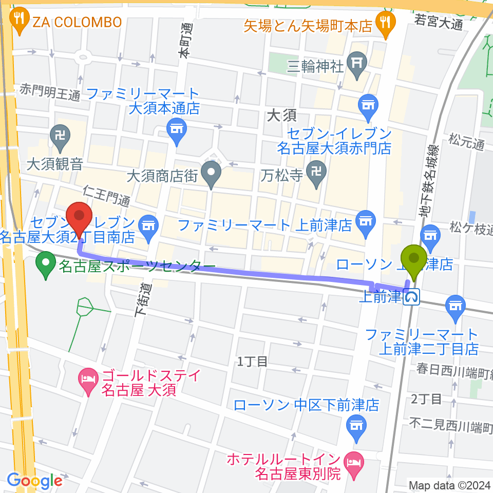 上前津駅から七ツ寺共同スタジオへのルートマップ地図