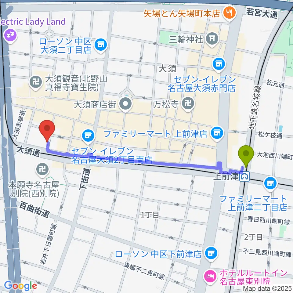 上前津駅から七ツ寺共同スタジオへのルートマップ地図