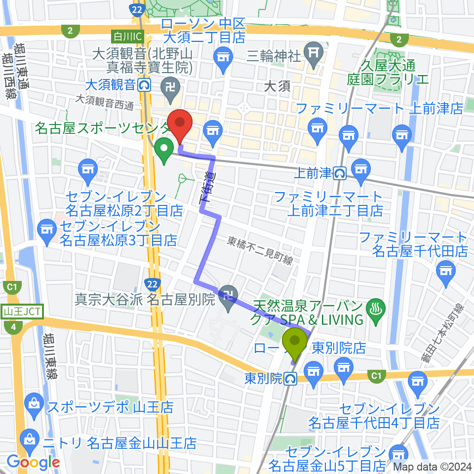 東別院駅から七ツ寺共同スタジオへのルートマップ地図