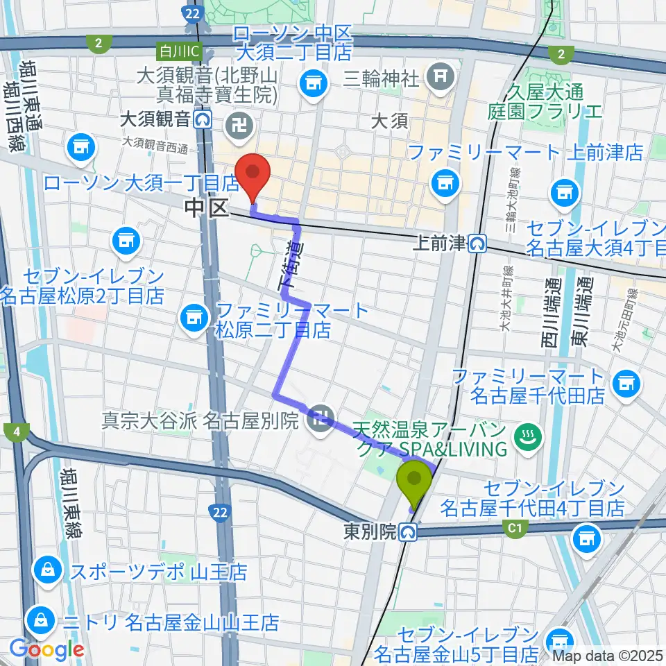 東別院駅から七ツ寺共同スタジオへのルートマップ地図
