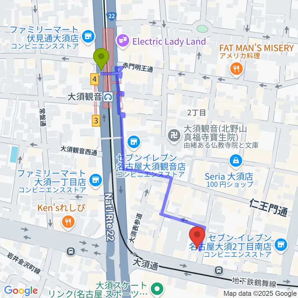 七ツ寺共同スタジオの最寄駅大須観音駅からの徒歩ルート（約5分）地図
