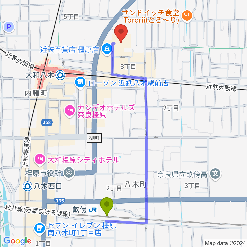 畝傍駅から奈良県橿原文化会館へのルートマップ地図