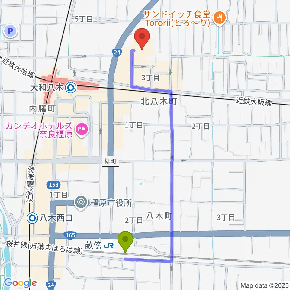 畝傍駅から奈良県橿原文化会館へのルートマップ地図
