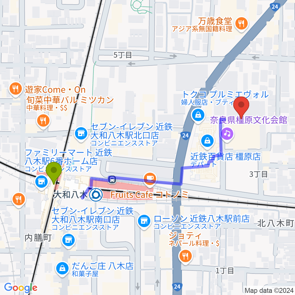 奈良県橿原文化会館の最寄駅大和八木駅からの徒歩ルート（約5分）地図