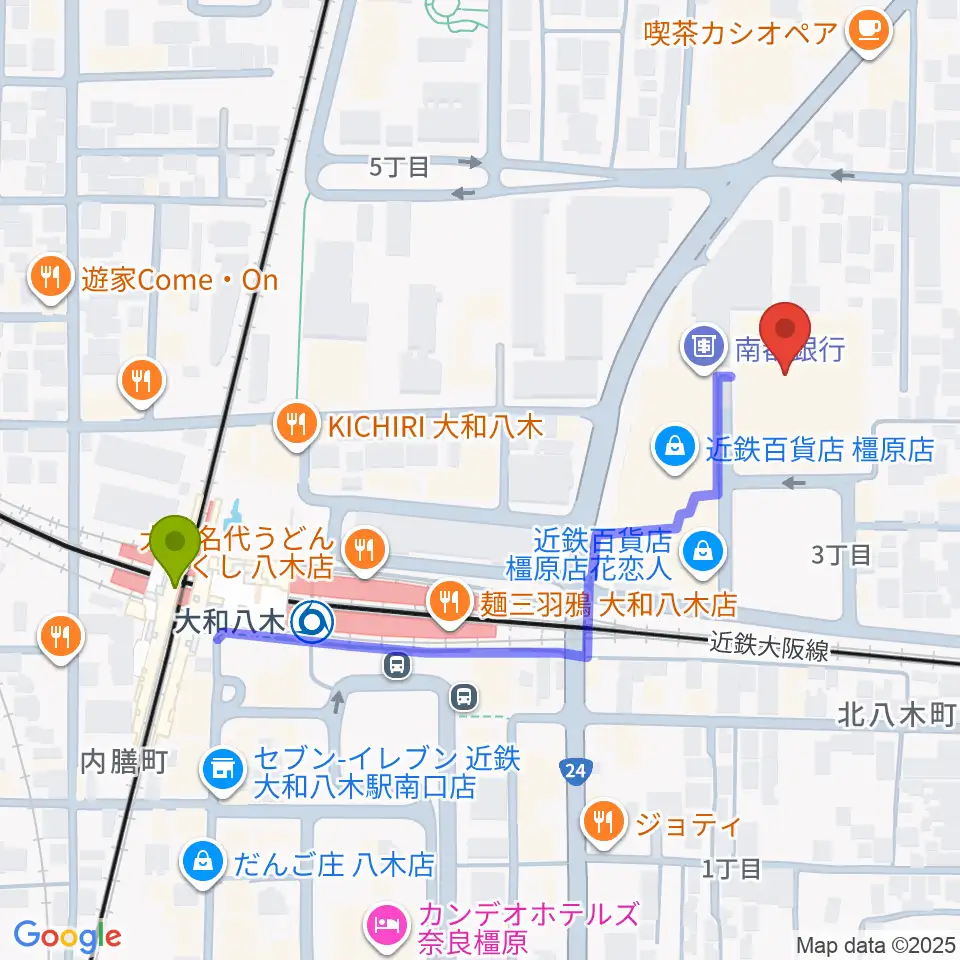 奈良県橿原文化会館の最寄駅大和八木駅からの徒歩ルート（約5分）地図