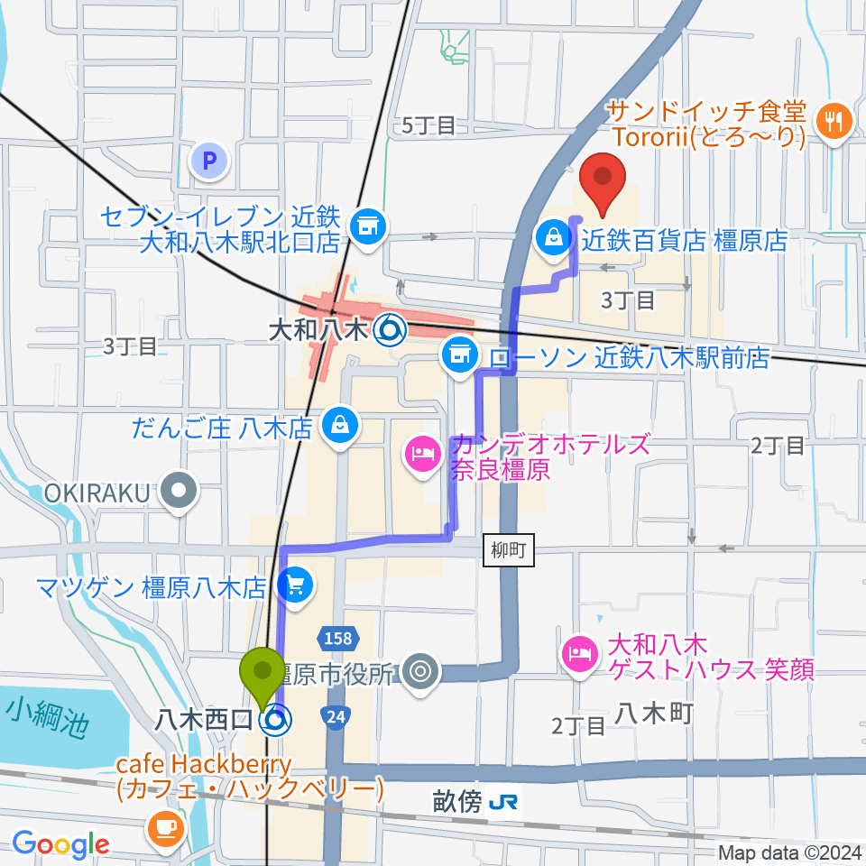 八木西口駅から奈良県橿原文化会館へのルートマップ地図