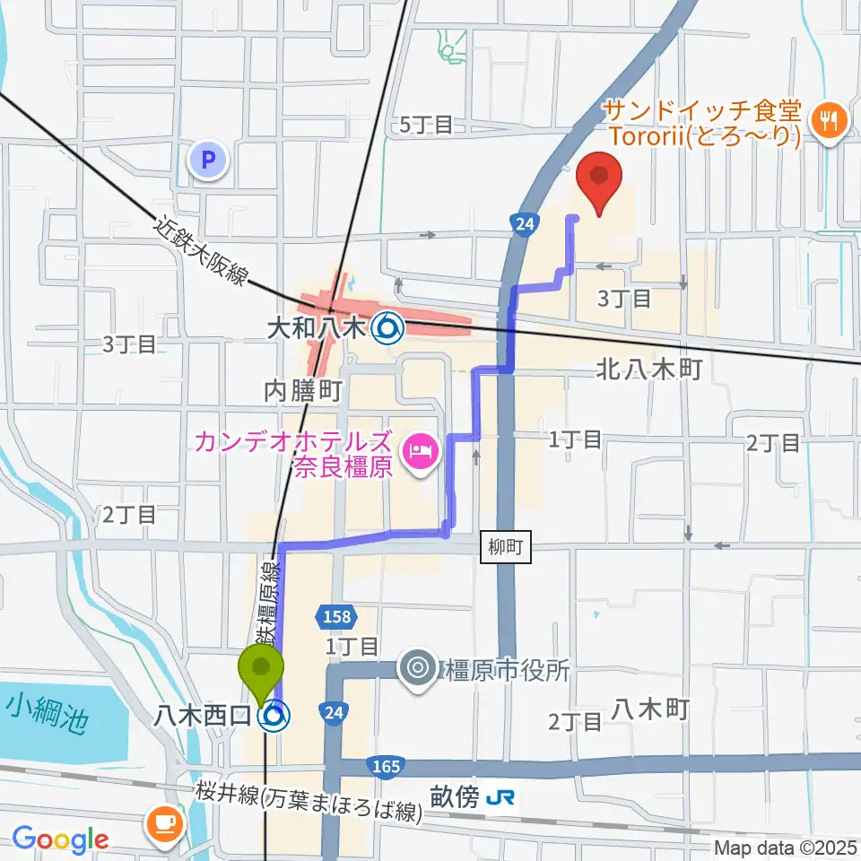 八木西口駅から奈良県橿原文化会館へのルートマップ地図