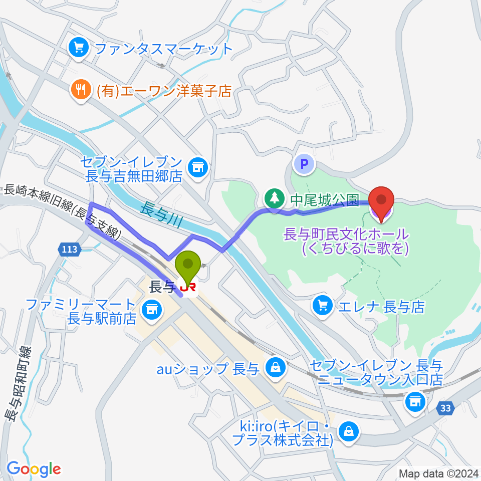 長与町民文化ホールの最寄駅長与駅からの徒歩ルート（約7分）地図