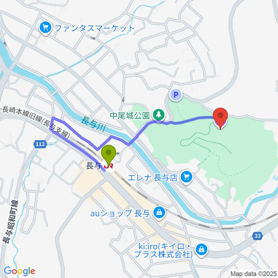 長与町民文化ホールの最寄駅長与駅からの徒歩ルート（約7分）地図