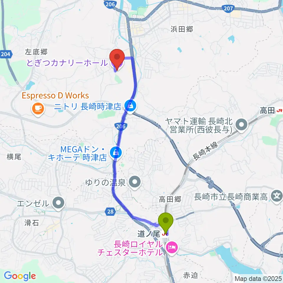 道ノ尾駅からとぎつカナリーホールへのルートマップ地図