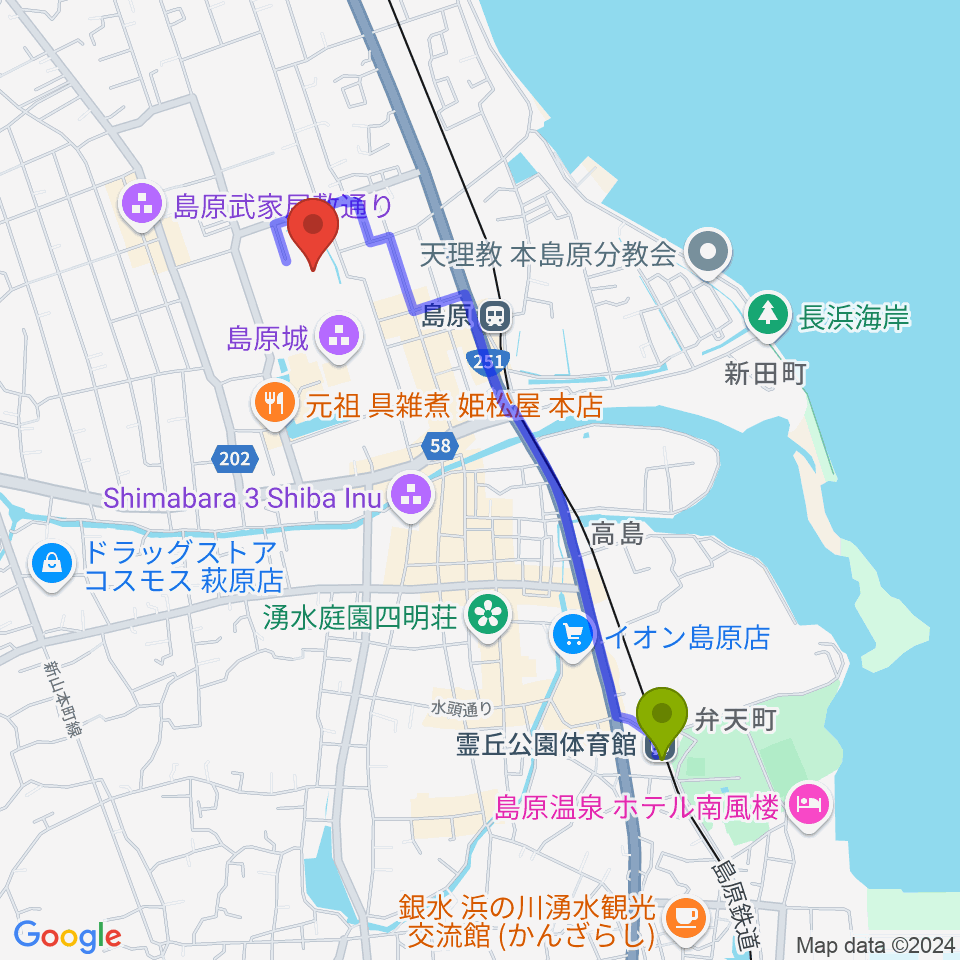 霊丘公園体育館駅から島原文化会館へのルートマップ地図